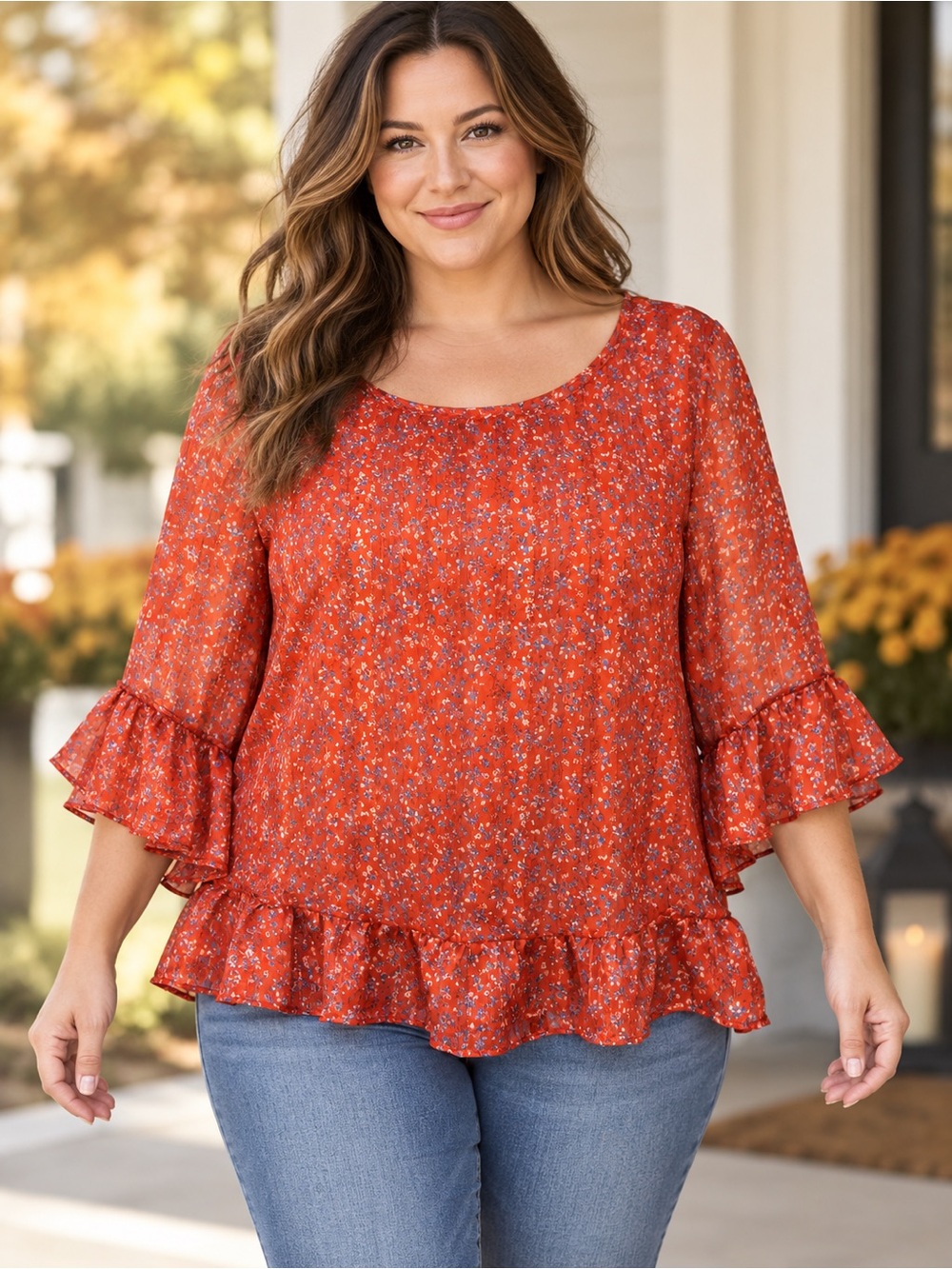Anthropologie W5 Sheer Floral Metallic Ruffle Blouse Size L